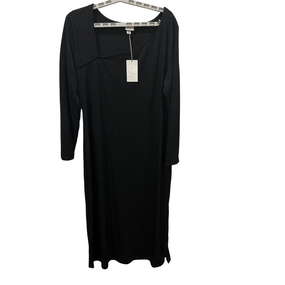 A New Day Womens Black Ribbed Asymmetrical‎ Neck Long Sleeve Midi Dress XXL NEW